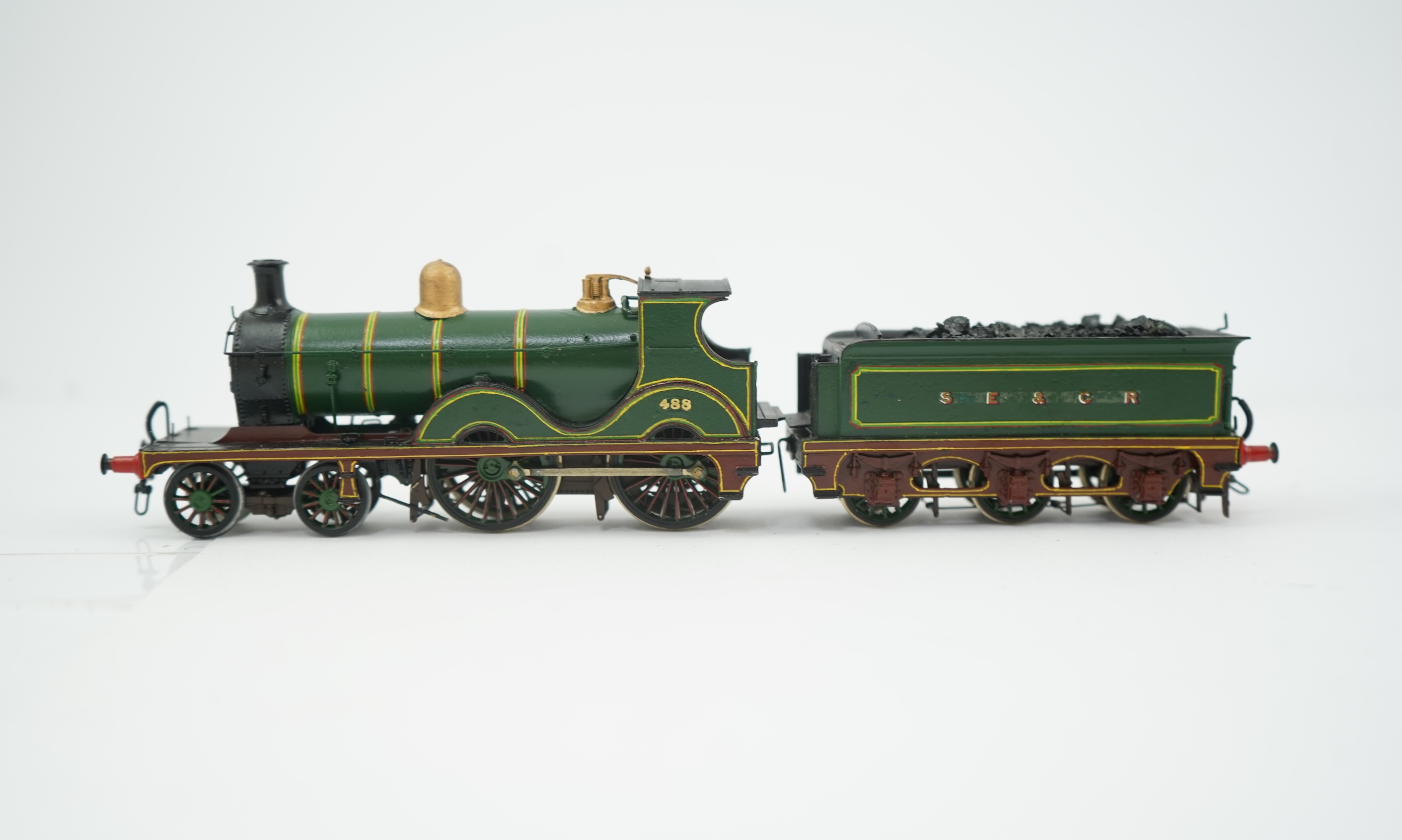 Two 00 gauge brass and white metal kit built Wainwright designed SE&CR tender locomotives (possibly by Wills Finecast); a class D 4-4-0, 488, together with a class E 4-4-0, 273, constructed, painted and lined to a high s
